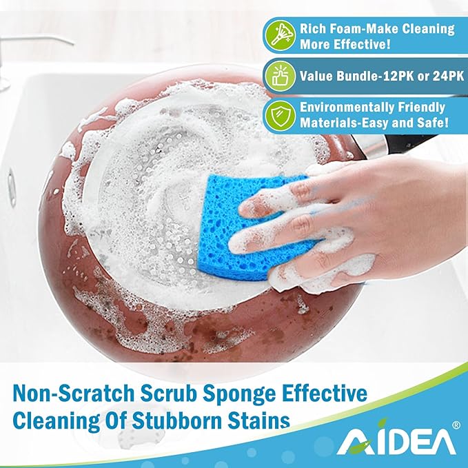 AIDEA Sponges Kitchen, Non Scratch Scrub Sponge, 12Count, Sponges for Non Stick Cookware, Cleaning Sponge for Dishes, Cleans Fast Without Scratching, Cleaning Power for Kitchen, Bathroom, Household