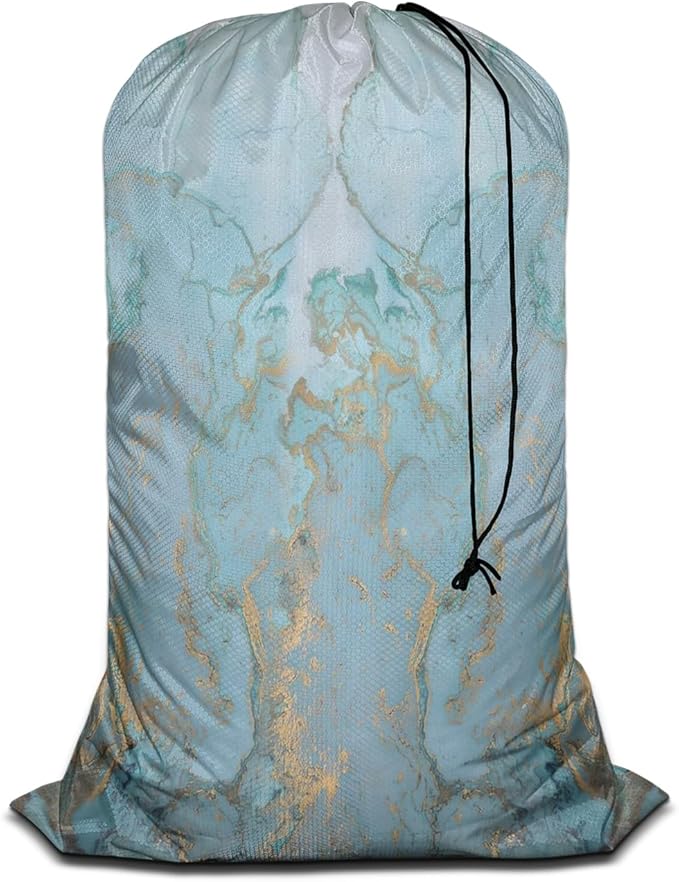 Swono Marble Stone Laundry Bag with Drawstring Closure, Foldable, Compact, Lightweight, 28" X 40" Blue Golden Liquid Lines Packable Dirty Clothes Pouch for College Dorm, Camp, Road Trip, Cruise or Gym