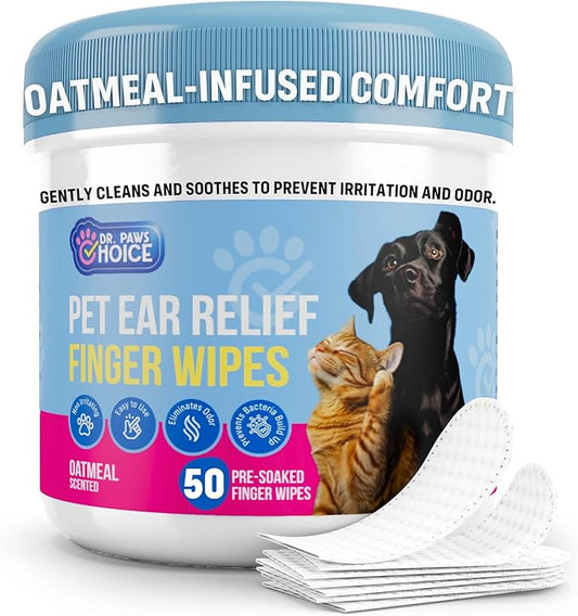 Dr. Paws Dog Ear Cleaner Finger Wipes - Ear Finger Wipe for Dog Ear Infection Treatment, Easy to Use Cat Ear Cleaner, Eliminates Odor, Dog Ear Cleaning Solution, Dog Ear Wipes (Oatmeal)
