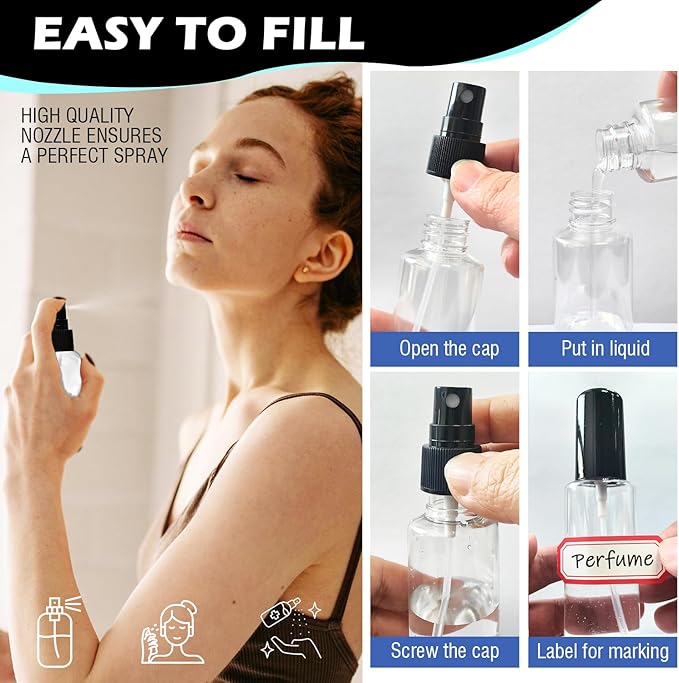 30 Pack 2oz/55ml Plastic Spray Bottles Mini Travel Spray Bottle with Black Cap Empty Fine Mist Spray Bottles Refillable Liquid Container for Perfumes Travel Makeup