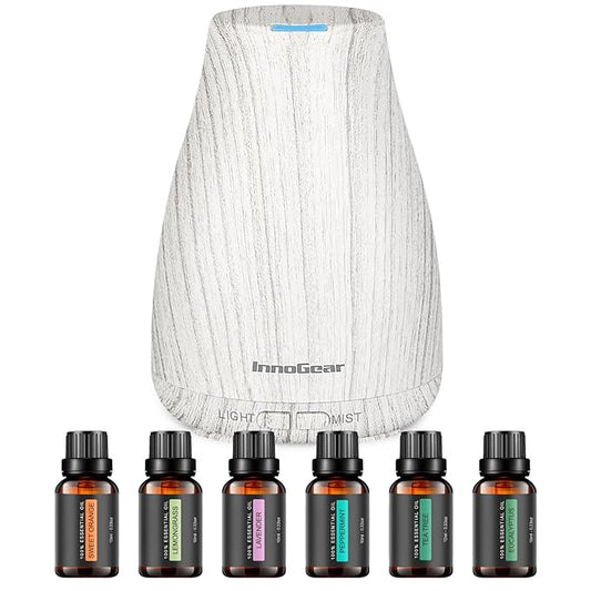 InnoGear Essential Oil Diffuser with Oils, 100ml Aromatherapy Diffuser with 6 Essential Oils Set, Aroma Cool Mist Humidifier Gift Set, Grey Wood Grain