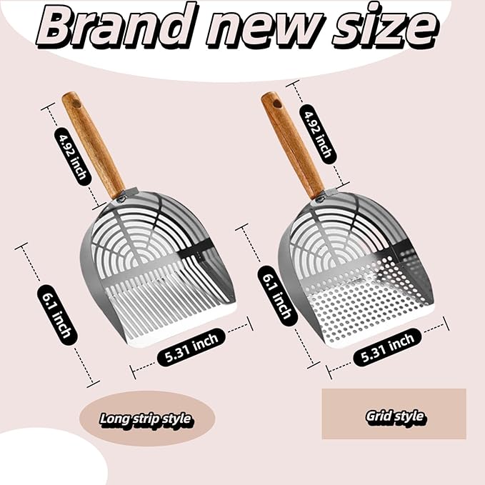 Heavy Duty Aluminum Alloy Cat Litter Scoop with Stand | Beech Wood Grip + Long Handle for Comfort | Deep Sifter for Fast, Efficient Poop/Litter Cleaning | Durable for Litter Box (Long Strip)