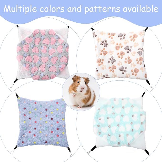 4 Pack Small Animal Hammock, 11.4x11.4 Inch Guinea Pig Rat Ferret Hanging Bed with Metal Hooks, Fleece Cage Accessories for Chinchilla Sugar Glider, 4 Colors