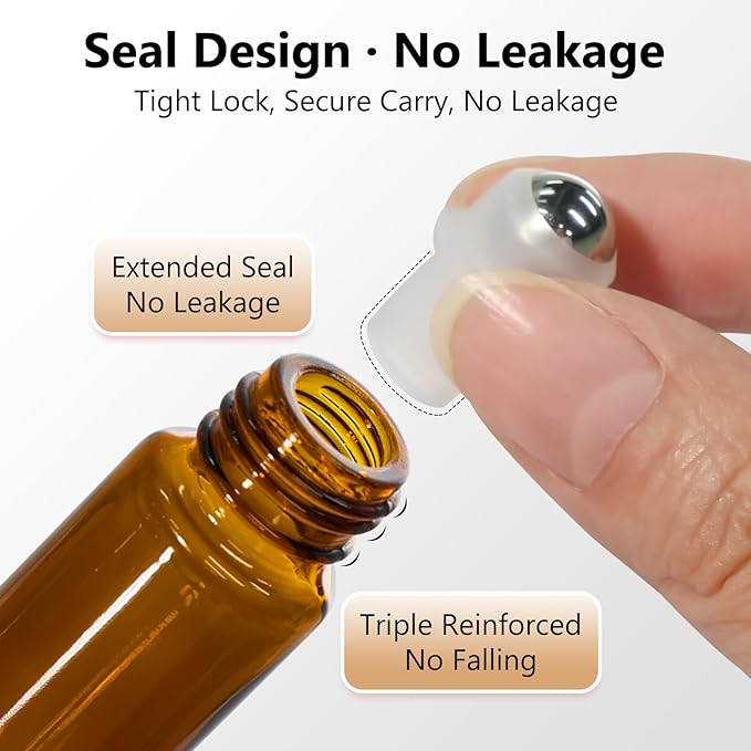 KEYWING 10ml Amber Roller Rottles for Essential Oils - 24PCS Glass Roll on Bottles with Black Caps & Stainless Steel Roller Balls, Empty Perfume Refillable Bottle for Travel