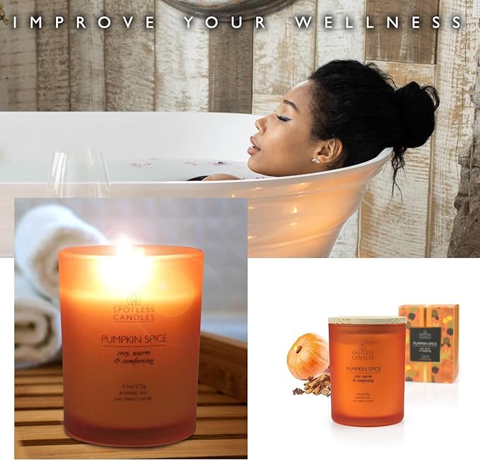 Pumpkin Spice Candle - 9.7 oz /275g Pumpkin Candle in Orange Frosted Glass Jar with Wooden Lid and Wooden Crackling Wick in Luxurious Gift Box - Cosy, Warm and Comforting