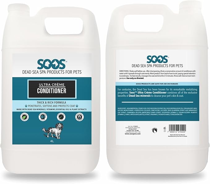 Soos Pet Conditioner Ultra Crème Natural Dead Sea Minerals Smoothness Polish Deeply Absorbing with Vitamins Essential Oils Natural Ingredients for Dogs and Cats - 1 Pack (4L)