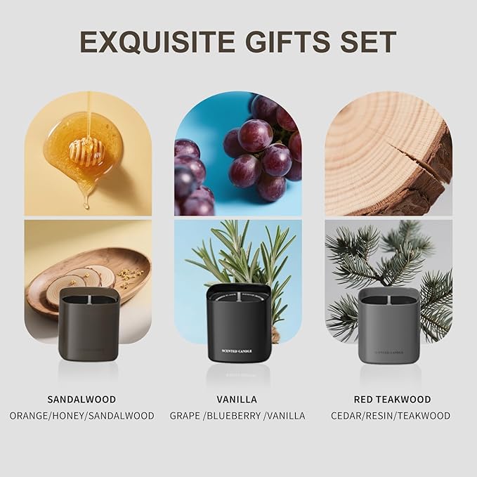 Scented Candles for Men - 3 Pack Vanilla Teakwood Mens Candles Gift Set | Essential Oil Soy Wax Candle | Luxury Masculine Gifts for Him, Husband, Boyfriend