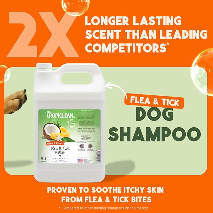 TropiClean Citrus Flea & Tick Shampoo for Dogs, Soothing Bite Relief, Fresh Citrus Scent, Made in The USA, 1 Gallon
