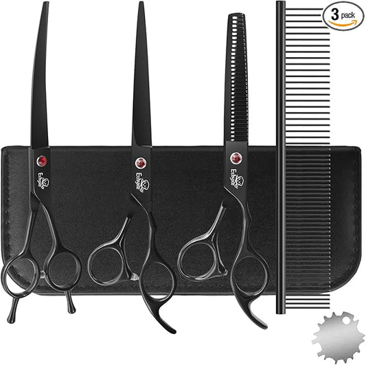 7.0" Professional Dog Grooming Scissors Kit – 3-Piece Set with Straight, Curved & Thinning Shears, Black Japanese Stainless Steel, Includes Grooming Comb for Dogs & Cats
