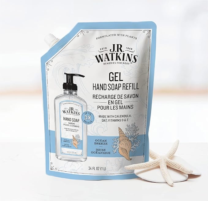 J.R. Watkins Gel Hand Soap Refill, Moisturizing Hand Wash, Alcohol-Free, Cruelty-Free, Ocean Breeze, 34 Fl Oz, 3 Pack