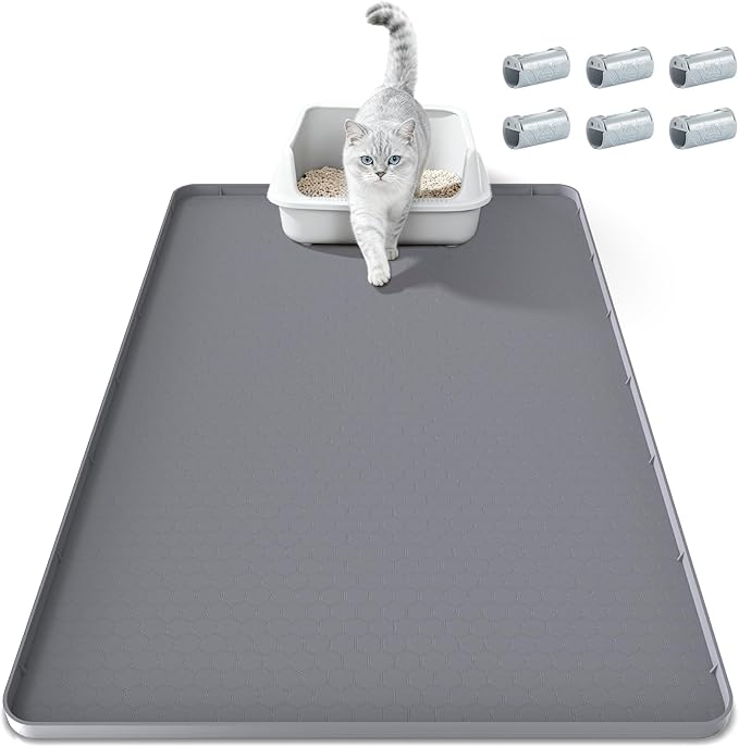 Cat Litter Mat 34" X 22", Cat Litter Box Mats Waterproof Silicone Pad for Floor Pee Pad Tray Holder with Complimentary 6 Clamps