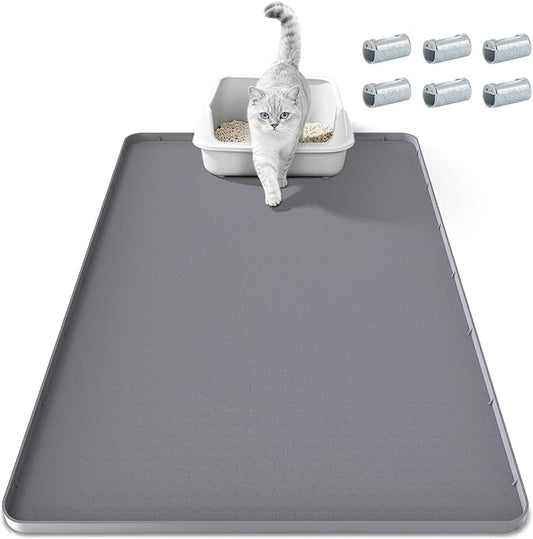 Cat Litter Mat 34" X 22", Cat Litter Box Mats Waterproof Silicone Pad for Floor Pee Pad Tray Holder with Complimentary 6 Clamps
