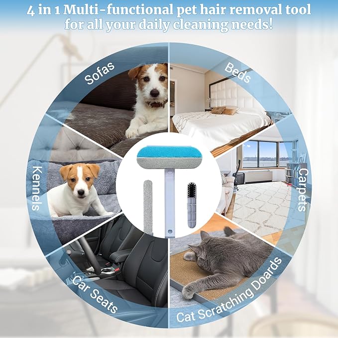 4 in 1 Multifunctional Reusable Pet Hair Remover Brush,Dog & Cat Hair Remover Tool for Couch,Bedding & Carpet,Washable Fur Remover with Dual-Sided Cleaning Brush