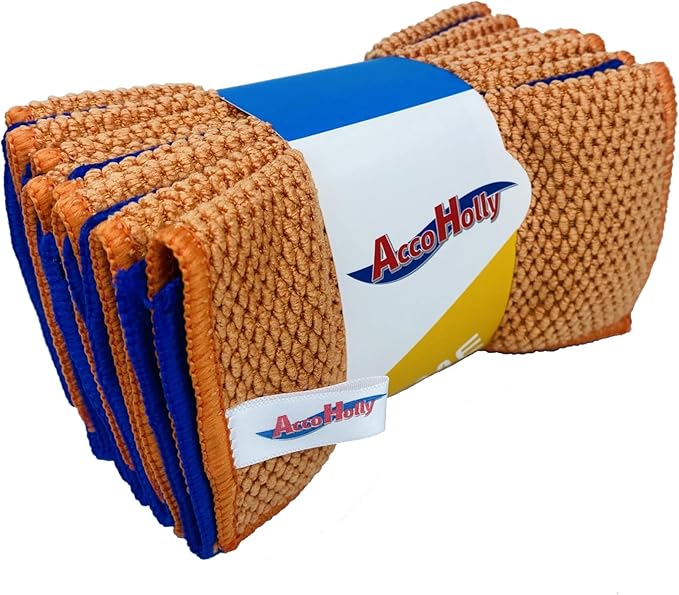 16 Pack Microfiber Scrub Dish Cleaning Cloth, Non-Scratch, Reusable & Durable for Pan Pot Dish Cooktop Stovetop Counter Kitchen Household, Machine Washable, 6 x 6 Inch, Orange & Blue Assorted