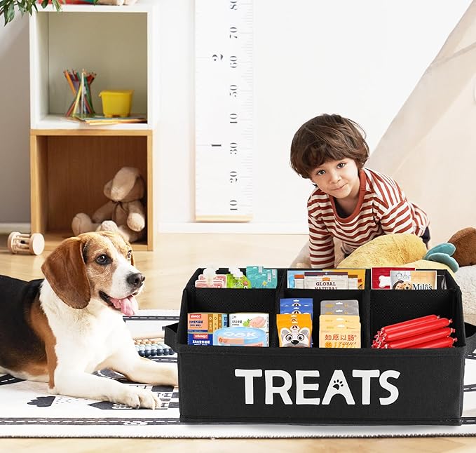 2-Pack Dog Storage Organizer, Collapsible Cat Treats Container with Dividers, Dog Treats Station - Black