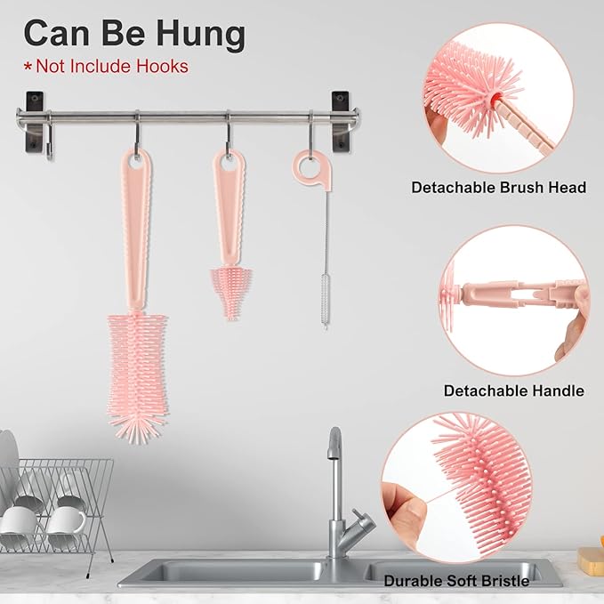 Baby Bottle Brush Set-6 in 1 Bottle Brush Cleaner with Silicone Bottle Brush,Drying Rack,Nipple Brush,Straw Brush,Soap Dispenser&Storage Box-Baby Essentials Gifts for Home&Travel(Pink)