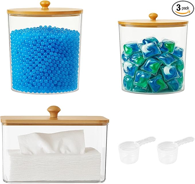 3-Pack Airtight Laundry Storage Containers with Lids - Clear Plastic Detergent Organizers for Laundry Room Organization, Scented Bead Dispenser (2Round2+1Rectangle)