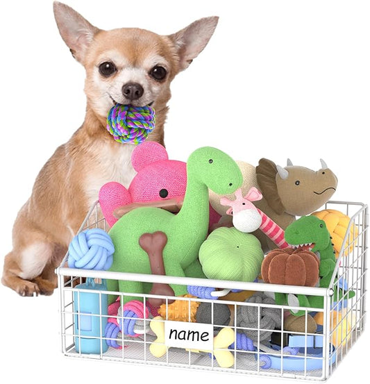 Indestructible Dog Toy basket, Small Toy Box for Dogs, Pet Toy Bin Dog Metal Basket for Toys, Dog Toy Storage, Dog Storage Organizer, Cat Dog Toy Box for Living Room Area (White)