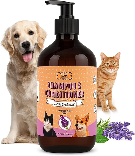 POM Pets 2-in-1 Organic Dog Shampoo & Conditioner – Itchy Skin Relief, Dog Deshedding, Detangles Fur, Cat Shampoo, Paw Cleaner for Dogs, Natural Coat Defense Formula