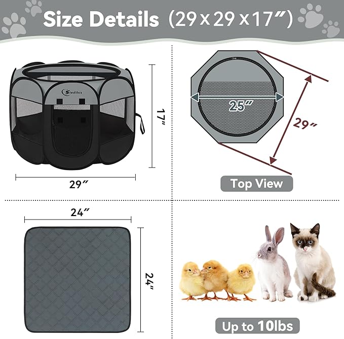 Dog Playpen with Washable Pee Pad, Puppy Pet Cat Playpen for Small Dogs, Dog Tent Crate Indoor/Outdoor, Portable Pop Up Kennel with Carrying Case for Dogs/Cats/Rabbits(Dark Grey)