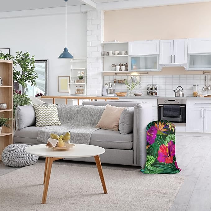 Swono Tropical Flowers Drawstring Closure Dirty Clothes Bag Organizer, Heavy Duty Large Laundry Bag, Floral Pattern Botanical Hibiscus Palm Leaf Bird Summer Rip-Stop Bags for Camp Travel