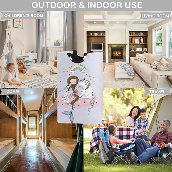 visesunny Unicon Mermaid Rainbow Large Laundry Bag Collapsible Oxford Fabric Laundry Hamper Foldable Portable Dirty Clothes Laundry Basket with Handles Waterproof Washing Bin Laundry Tote Bag