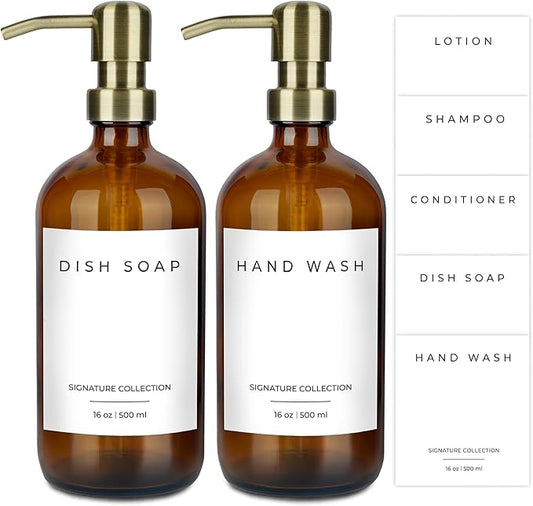 Emerson Essentials Soap Dispenser, Dish Soap for Kitchen, Bathroom Set, Hand and Dish Set, Kitchen Soap Dispenser Set, Bottles with Pump and Labels, 16 Oz, 2 Pack