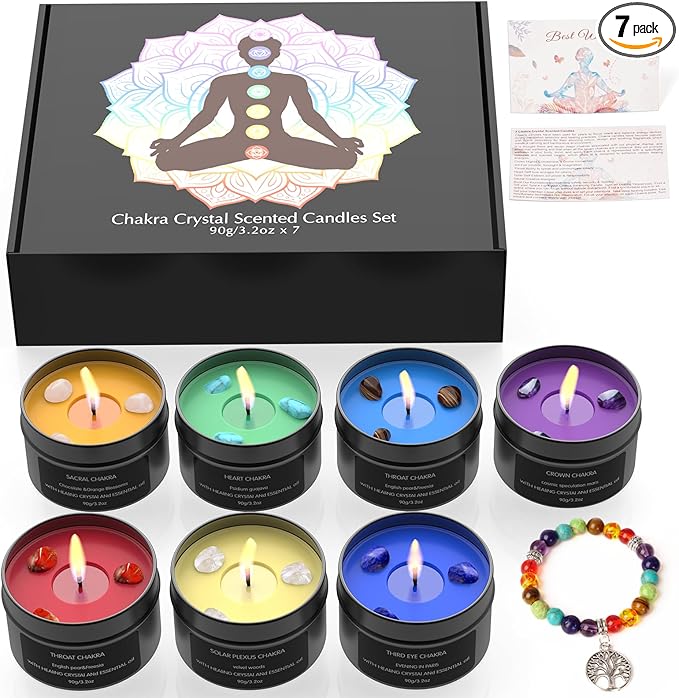 7 Chakra Crystal Candles with Healing Stones & Bracelets - Scented Meditation Candles for Stress Relief, Spiritual Decor, Yoga & Cleansing