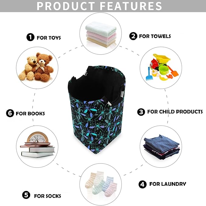 visesunny Large Capacity Laundry Hamper Basket Pretty Dragonfly Water-Resistant Oxford Cloth Storage Baskets for Bedroom, Bathroom, Dorm, Kids Room