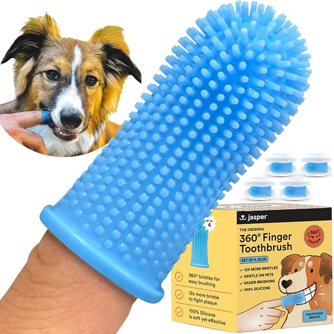 Jasper Dog Toothbrush, 360 Degree Dog Tooth Brushing Kit, Cat Toothbrush, Canine Dental Care & Teeth Cleaning Kit, Pet Finger Tooth Brush, Use with Pet Toothpaste, 4-Pack Blue