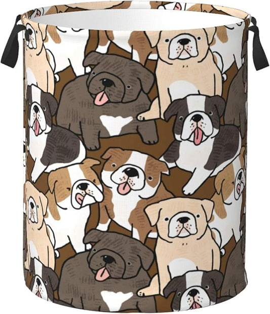 Cute Dogs Laundry Hamper Bag With Waterproof Liner - Cartoon Bulldog Puppy Round Laundry Basket Foldable Clothes Storage Organizer For Bathroom Bedroom Nursery Dorm, M-19.6"X 15.7"