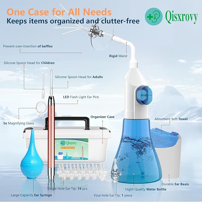 Ear Wax Removal Tool, Ear Cleaning Kits Safe Ear Irrigation Kit Ear Flush Kit for Adults Kids, Ear Wax Washer Device with LED Earwax Spoon, Basin, Bulb, Curette Kit, Towel, Tips, Storage Box Blue