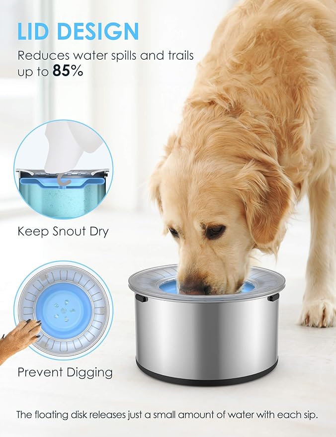 1Gallon Large Dog Water Bowl No Spill, [Anti Digging Lid & Rubber Bottom] Spill Proof Dog Bowl, Anti Splash Mess Dripless Slow Drinking Stainless Steel Water for Sloppy Messy Drinkers Car