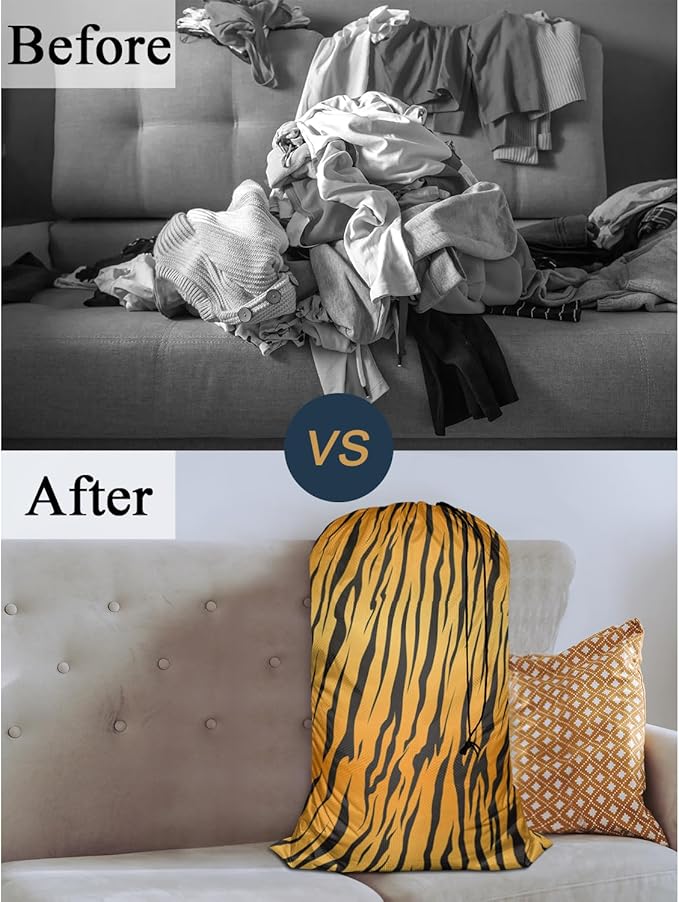 Swono Tiger Fur Laundry Bag with Drawstring Straps, Heavy Duty Extra Large Laundry Bags for Laundromat and Household, Stripe Animals Jungle Texture Washable Travel Dirty Clothes Bag Hamper Liner,