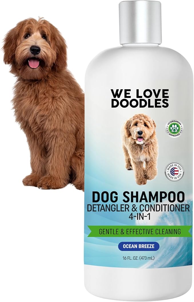 Dog Shampoo, Conditioner & Detangler - Best Shampoo for Goldendoodles, Poodles & Doodles - for Matted Pet Hair - Sensitive Skin Shampoo for Puppies - Made in The USA, 16OZ (Ocean Breeze)