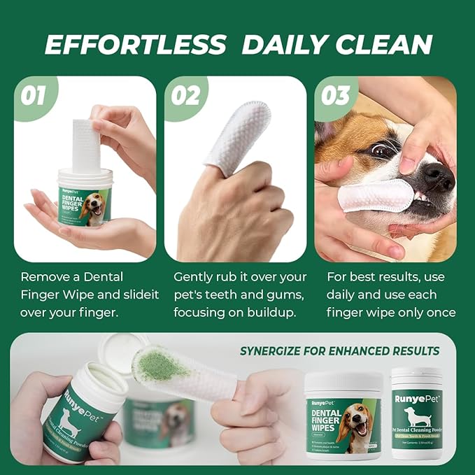 Deep Dental Cleaning Kit for Dogs & Cats – Pet Plaque Removal Powder & 50 Dental Care Wipes – Natural Formula with Probiotics for Fresh Breath & Healthy Teeth (Cleaning Kit, 50ct+45g)