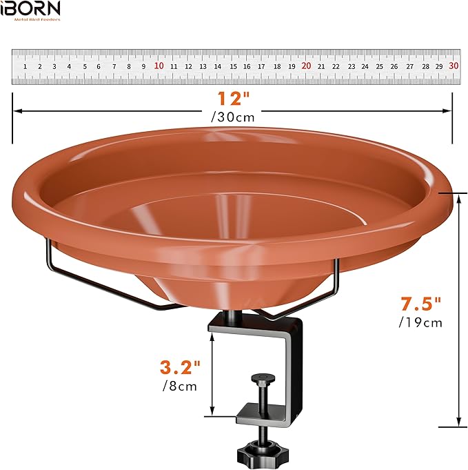 iBorn Bird Bath,Deck Mounted Bird Baths 12inch,Birdbath for Outside with Clamp 3.2inch,BPA-Free Bowl,Chew-Proof,Fully Detachable Design,Easy Clean & Refill,Terracotta,1 Pack（Not Include Fountain）