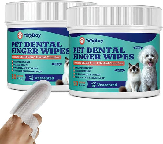 Dog Teeth Cleaning Wipes, Pet Finger Dental Wipes for Dogs & Cats, Dual-Sided, 6-in-1 Herbal Formula, Remove Plaque & Tartar, Freshen Breath, No-Rinse Toothbrush Wipes – 50 PCS x 2, Unflavored
