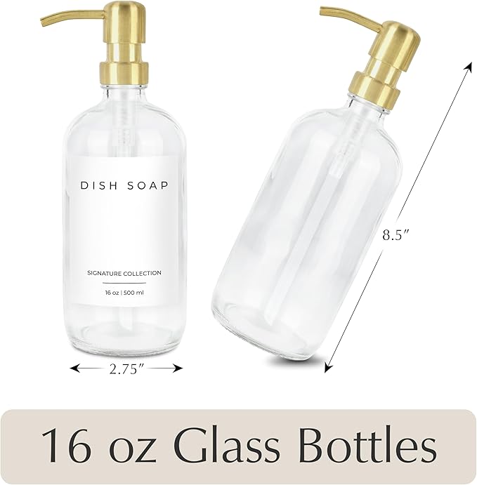 Emerson Soap Dispenser, Dish Soap Dispenser for Kitchen, Bathroom Set, Kitchen Hands and Dishes, Glass Bottles with Pump and Labels, 16 Oz | 2 Pack