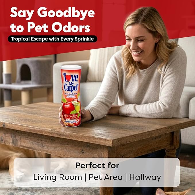 6 Love My Carpet | Carpet Deodorizer & Freshener Powder | 17 oz Pet Odor Eliminator for Strong Odor & Pet Urine | APPLE CINNAMON | Safe for Homes with Pets