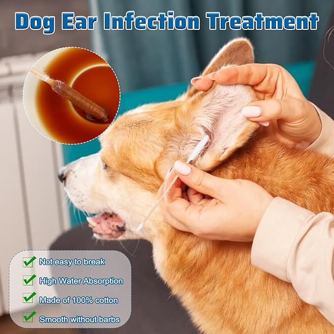 100PCS Long Cotton Dog Ear Swabs Double Sided Dog Ear Swabs 6 Inch Long Cotton Swab Large Double Sided Qtips Gentle Lint-Free Clean Wood Buds for Pet Dogs Ears Cleaning Wax Removal