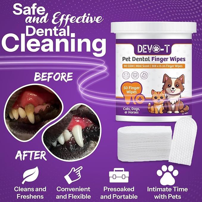 DEVO-T 100% Natural Dog Teeth Cleaning Wipes Unscented | 50 Count | Pet Teeth Cleaning Finger Wipes for Dogs, Cats & Horses | Remove Bad Breath, Plaque & Tartar Buildup | Dog Dental Wipes Finger