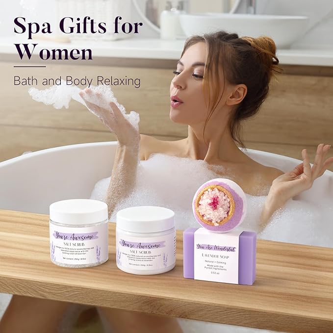Spa Gifts for Women 13Pcs Mothers Day Gifts Happy Birthday Gift Baskets Christmas Relaxation Home Spa Kit Lavender Bath Set Self Care Package Thank You Box for Mom Her Sister Teacher Friends Purple