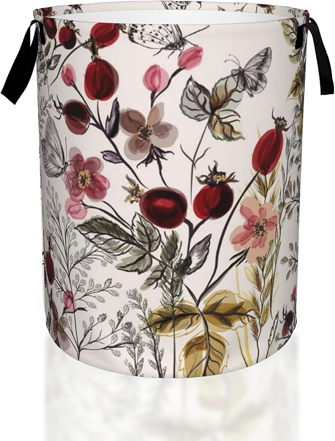 Retro Flower with Plants Laundry Basket,Waterproof Foldable Laundry Hamper,Dirty Clothes Laundry Basket, Linen Bin Storage Organizer for Toy Collection 16" x 20"
