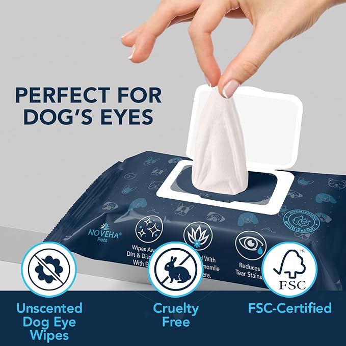 NOVEHA 300PCs Dog Eye Wipes - Tear Stain Remover for Dogs - Formulated with Chamomile and Aloe to Remove Eye Debris, Tear Stains & Eye Discharge - Plant Based, Safe, and Large 5"x5" Unscented Wipes