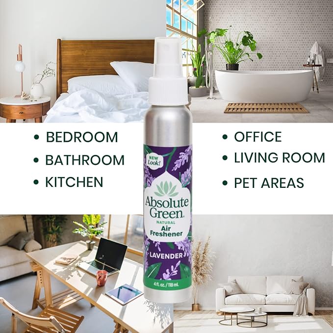 Absolute Green Air Freshener Room Spray, Non-Toxic, Cover Odors, Safe around Kids and Pets, Natural Lavender Scent 4oz (2 Pack)