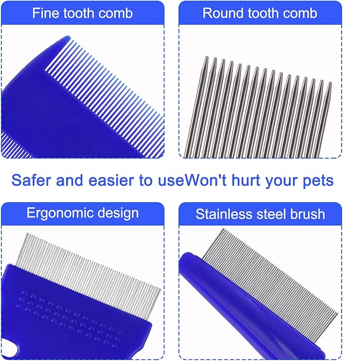 6 Pack Flea Comb for Cats Dogs,Stainless Steel Dog Cat Grooming Combs With Rounded Teeth,Double-Sided Tear Stain Remover,Dematting Comb For Dogs Cats Ideal for Small, Medium & Large Pets (Blue)