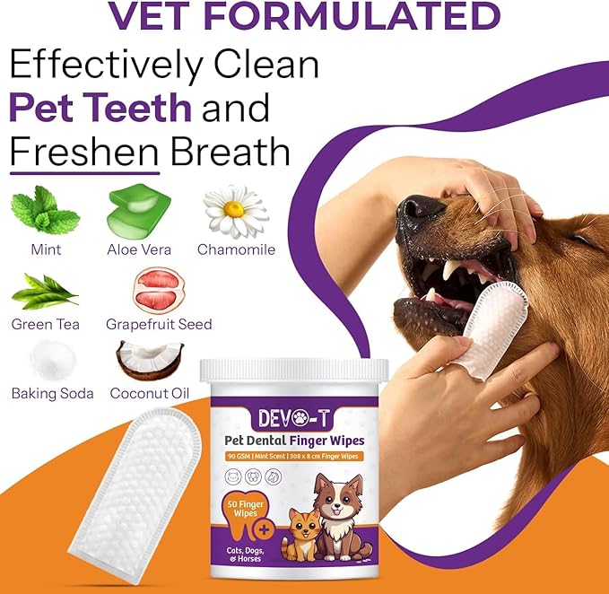DEVO-T 100% Natural Dog Teeth Cleaning Wipes Unscented | 100 Count | Pet Teeth Cleaning Finger Wipes for Dogs, Cats & Horses | Remove Bad Breath, Plaque & Tartar Buildup | Dog Dental Wipes Finger