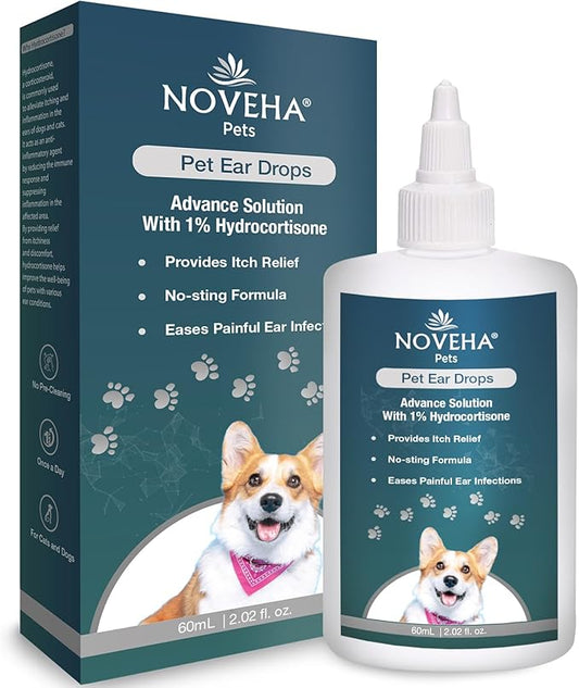 NOVEHA Pet Ear Drops with 1% Hydrocortisone | Ear Cleaner for Dogs & Cats for Earwax buildup, No-Sting Formula, Calms Itch & Reduces Painful Ear Infections 60mL (60ml (Pack of 1))