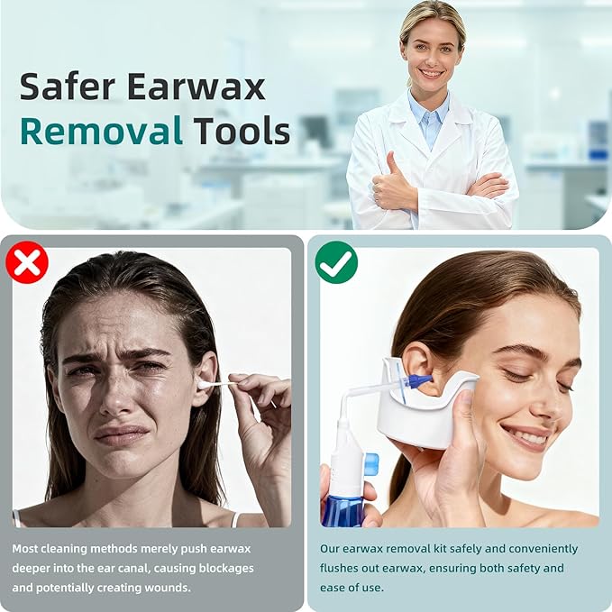 Ear Wax Removal Tool, Ear Cleaning Kits Safe Ear Irrigation Kit Ear Flush Kit for Adults Kids, Ear Wax Washer Device with LED Earwax Spoon, Basin, Bulb, Curette Kit, Towel,Tips,Storage Box,Blue,50pcs